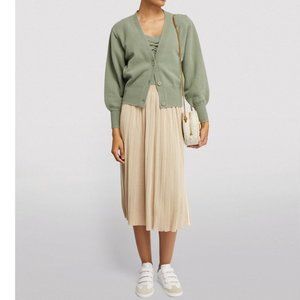 Sandro Paris Wool Twinset Button Cardigan Olive Green Balloon Sleeves Size Large